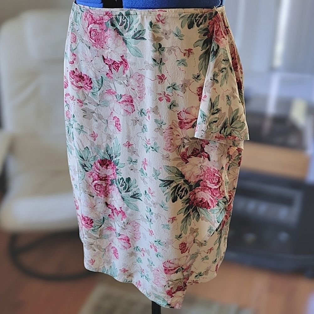 Vtg 90s LRL silk ecru floral wrap skirt